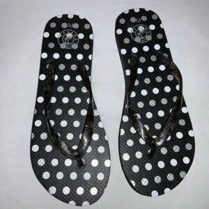 Bahama Bay Size M Flip Flops Black White Silver Polka Dots Women Shoes Glitter
